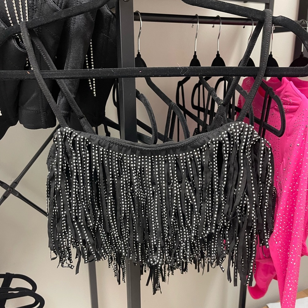 Black Fringe Crop Top with Rhinestones